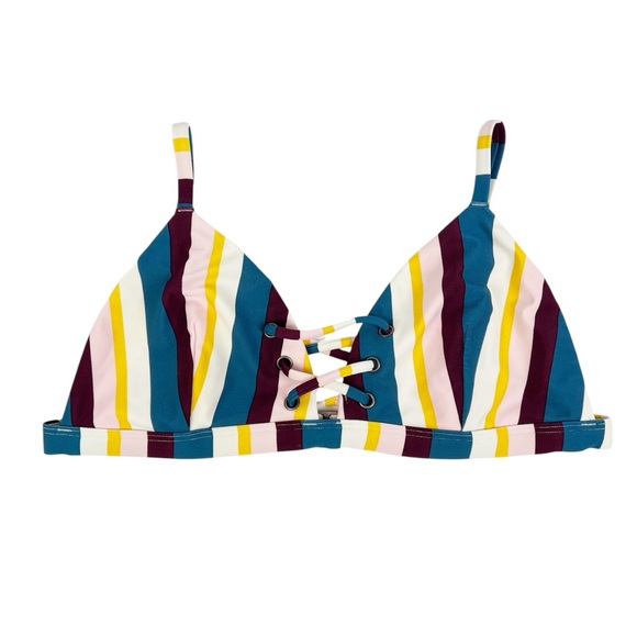 Hollister Blue Pink Yellow Multi Striped Bikini Top Lace Up Front Size Large - Picture 1 of 4